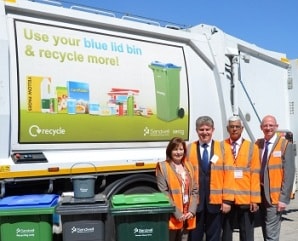 (l-r) Councillor Maria Crompton, minister for local government Brandon Lewis, councillor Mahboob Hussain and Jason Holthom of Serco at the Eagle Lane Transfer Hub.